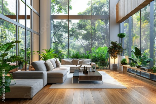 Spacious and stylish living room interior with large windows offering a serene view of a lush green forest landscape outside