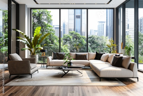 Contemporary living space with expansive windows offering city views, chic furnishings, and greenery for a fresh feel