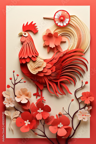 Vibrant paper art of a rooster, Chinese rooster year, greeting card, paper art illustration, red color © fahrwasser