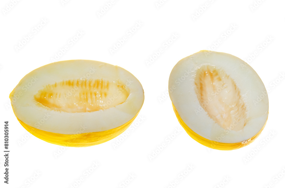 Melon cut isolated on white background.section of a ripe, yellow melon. Melon cut isolated on white background.section of a ripe, yellow melon.