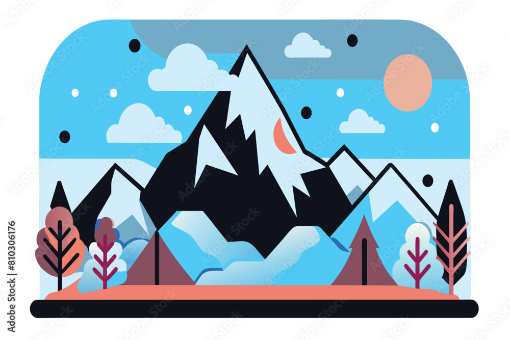 Snow-capped mountains with trees under a sunny, blue sky Snow-capped mountains with trees under a sunny, blue sky