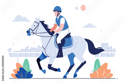 A rider in helmet and gear trots on a horse amidst city backdrop