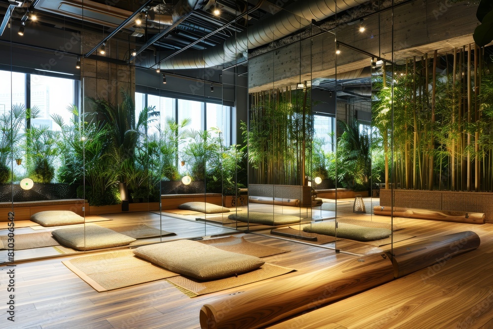 Tranquil and chic office interior with natural wood elements, hanging plants, and bamboo accents for a serene work atmosphere Tranquil and chic office interior with natural wood elements, hanging plants, and bamboo accents for a serene work atmosphere