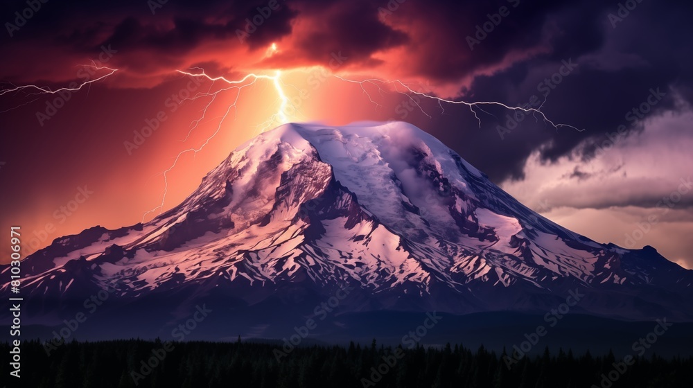 Fototapeta premium Majestic Snow-Capped Mountain with Dramatic Lightning Strike Sky