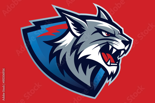 A stylized wolf mascot emblem in blue and grey, set against a red backdrop