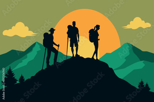 Three hikers with backpacks stand atop a mountain as the sun sets behind