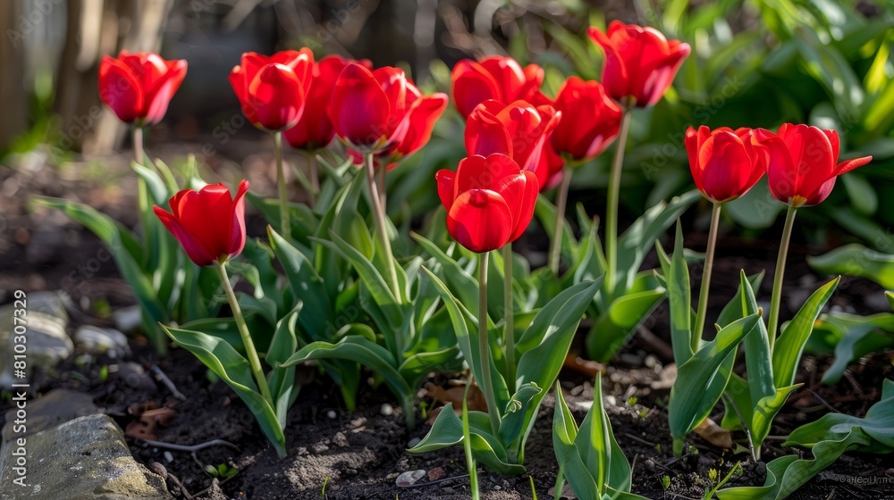 Red Triumph tulips (Tulipa) Calgary Red bloom in a garden in March Red Triumph tulips (Tulipa) Calgary Red bloom in a garden in March