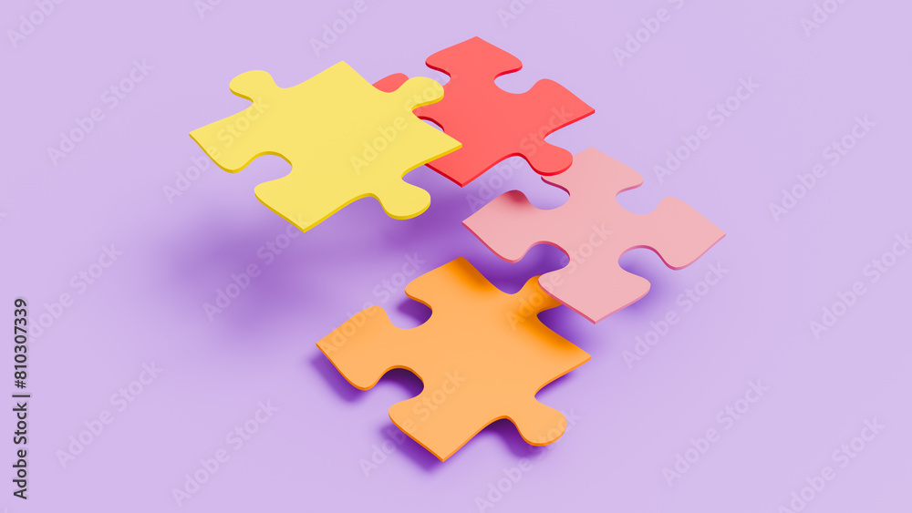 Four yellow, red, orange and purple puzzle pieces in isolated setting, teamwork and togetherness Four yellow, red, orange and purple puzzle pieces in isolated setting, teamwork and togetherness