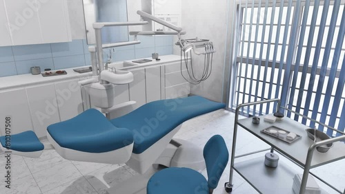 Empty interior of bright clean dentist clinic office with dental unit - comfortable chair and modern medical equipment. With no people dentistry operating surgery room 3D animation rendered in 4K