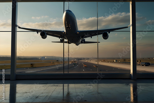 An 8K image of a panoramic view from an airport's observation deck, showing airplanes taking off, 8k image 