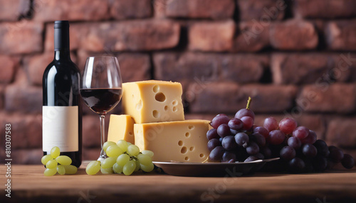 ed wine glass, grape and cheese table in front of brick wall kitchen, copy space for a text
