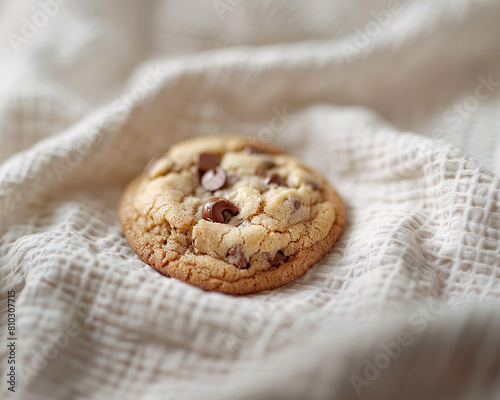 Freshly baked chocolate chip cookie on a soft background. Artistic Shot. 