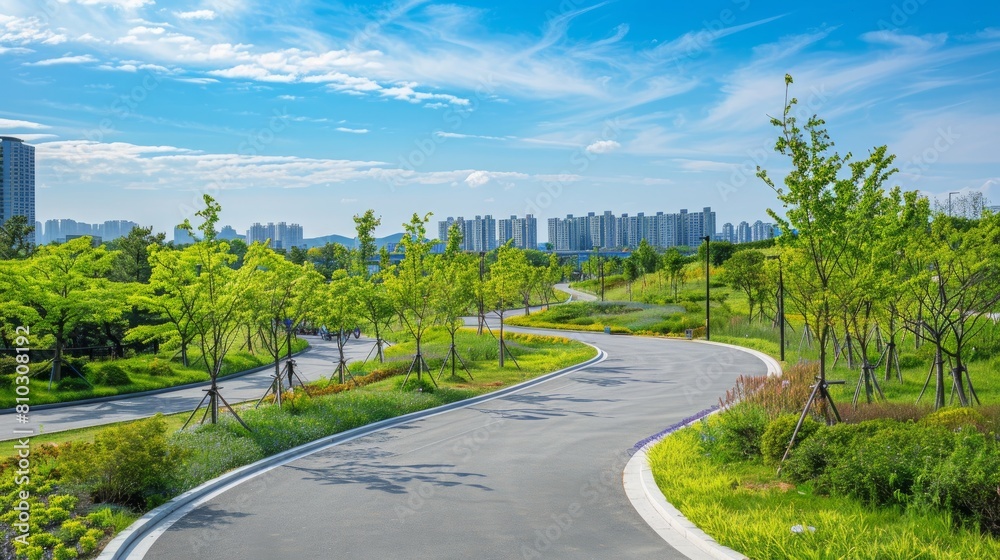 Seoul, South Korea - June 3, 2023: A curving bike path with distinct fast and slow lanes winds through Nanji Hangang Park, flanked by green trees, walking paths, under a blue sky with green grass.