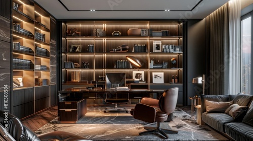 Sleek and luxurious home office within a modern apartment featuring dark tones  cool LED lighting  creating a sophisticated and inviting workspace.