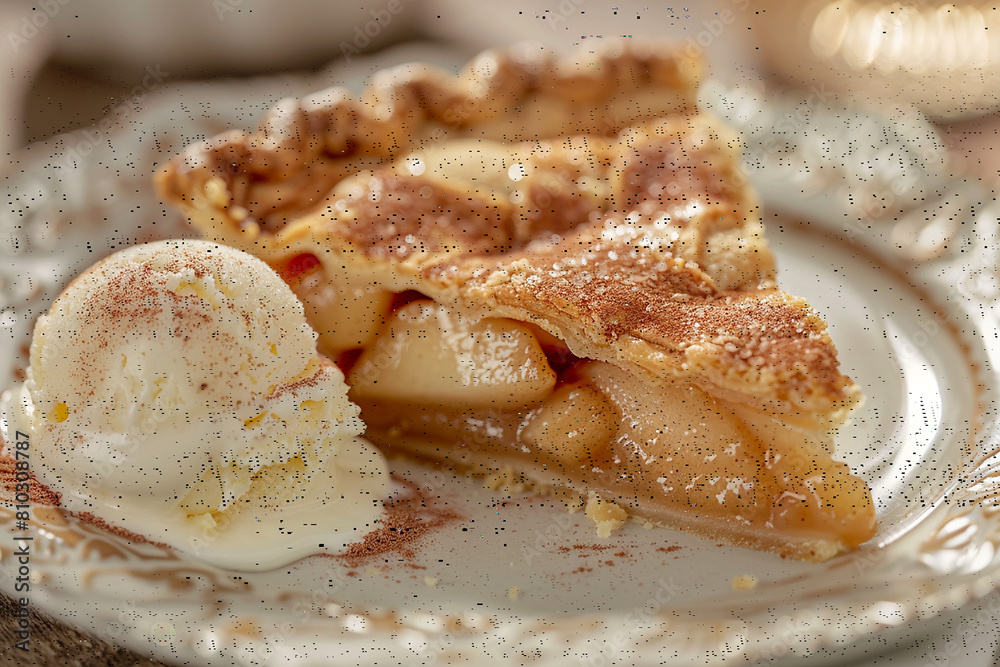 Freshly baked apple pie slice with scoop of vanilla ice cream placed on a white plate. Close-up Shot. Freshly baked apple pie slice with scoop of vanilla ice cream placed on a white plate. Close-up Shot.
