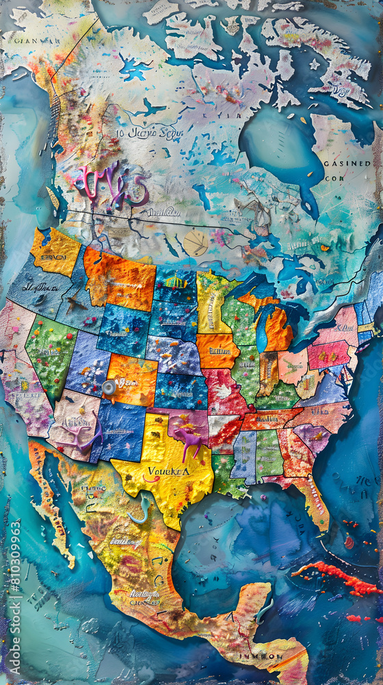 Colourful and Detailed Map of The United States with Iconic Landmarks and States