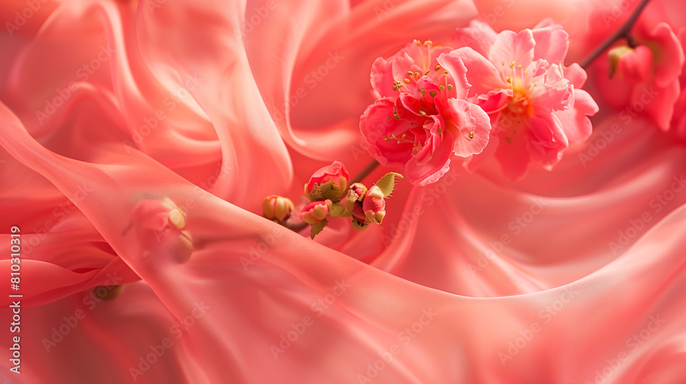 Delicate flowers on coral satin fabric background, card, invitation. Romantic design. Copy space Delicate flowers on coral satin fabric background, card, invitation. Romantic design. Copy space