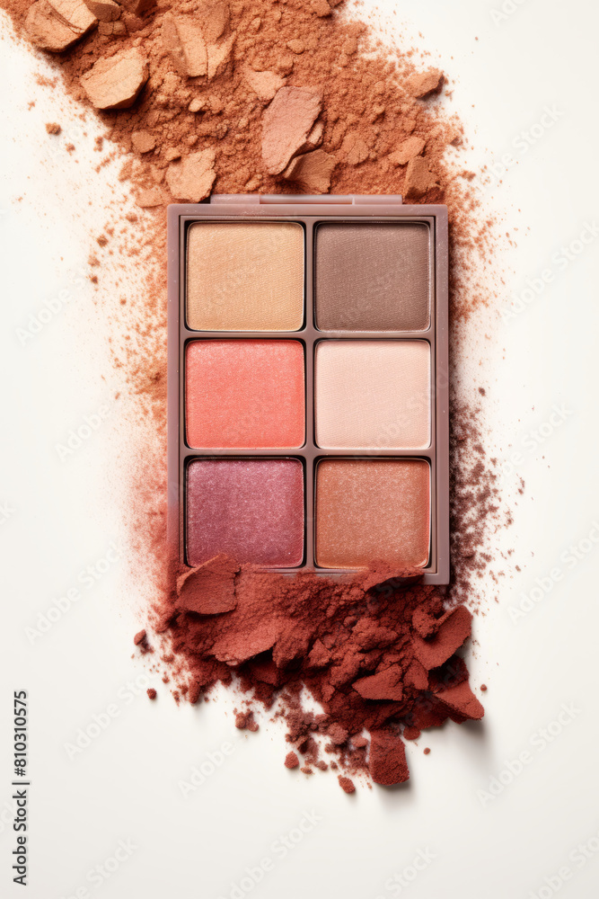 Crushed cosmetic eyeshadow palette on white Crushed cosmetic eyeshadow palette on white