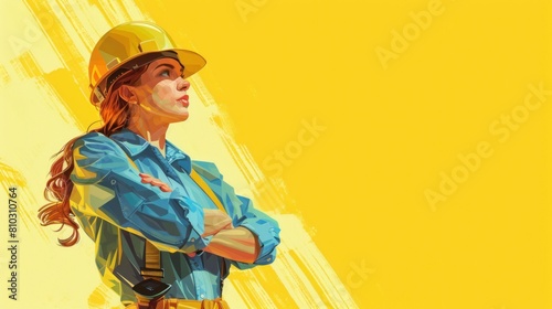 illustration of a beautiful female engineer or worker on bright yellow background