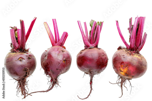 Four raw beets with roots isolated on white background.