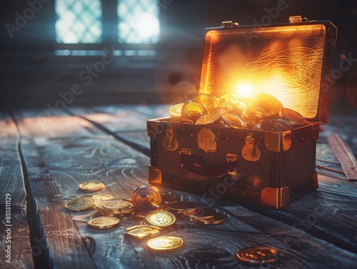A classic briefcase filled with glowing light and golden coins spilling out, set on a vintage wooden floor, symbolizing lucrative business deals and financial success photo