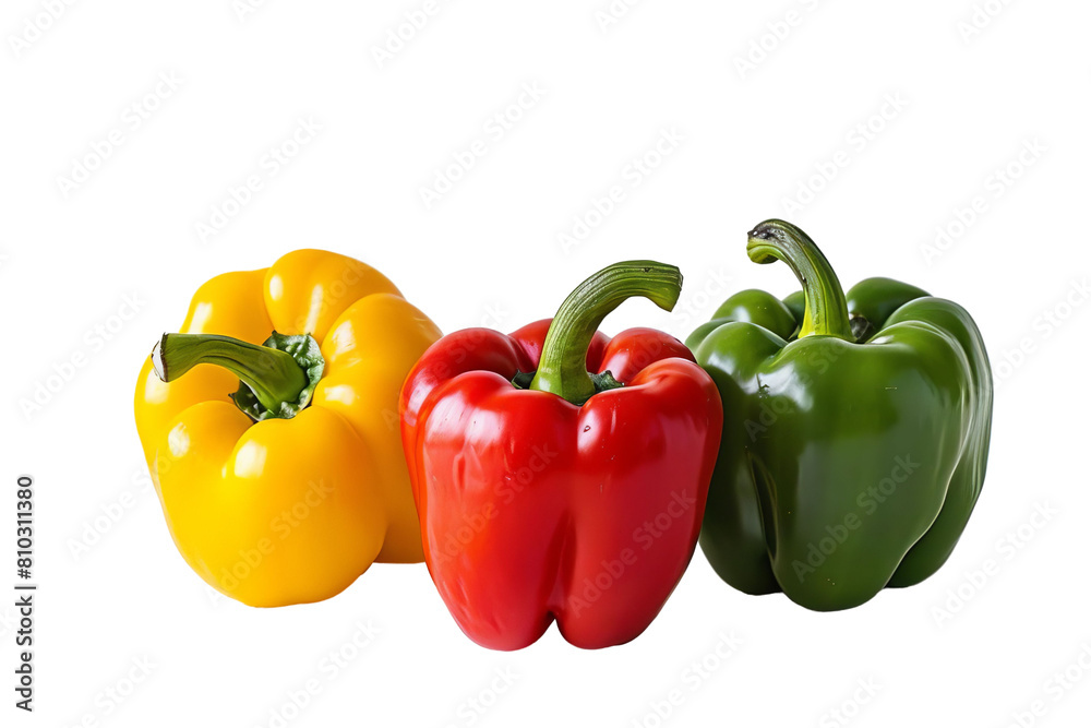 A trio of bell peppers in red, yellow, and green sit on a white surface A trio of bell peppers in red, yellow, and green sit on a white surface