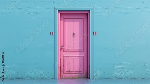 Pink door isolated on a blue background.