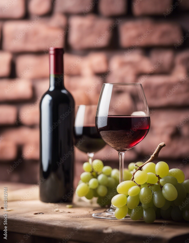 Fototapeta premium ed wine glass, grape and cheese table in front of brick wall kitchen, copy space for a text 