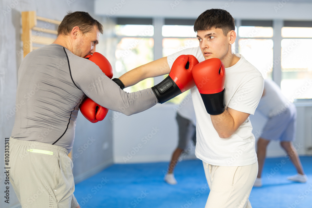 Guy and man sparring partners during training battle fight using technique of boxing match. Boxing section for men, sport as lifestyle