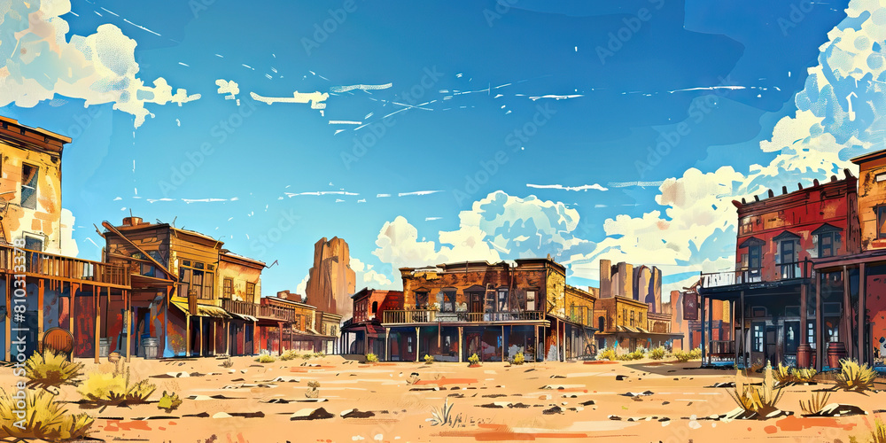 Obraz premium Wild West Town: Abstract Desert Landscape with Old West Buildings, Perfect for Western or Cowboy Plays