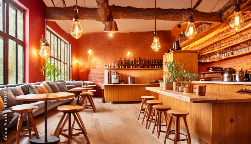 Rustic coffee shop interior showcasing wooden furniture, industrial lighting, and a relaxed, vintage atmosphere for casual gatherings
