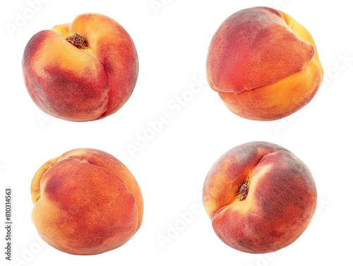 Four ripe peaches on a white background.