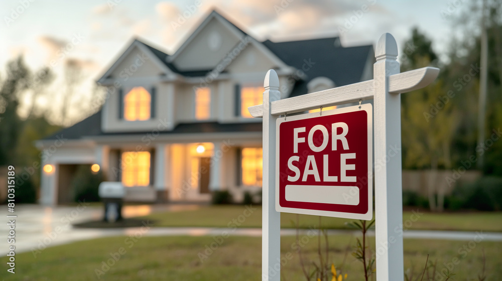 House For Sale Real Estate Sign In Front of Beautiful House. Generative AI.