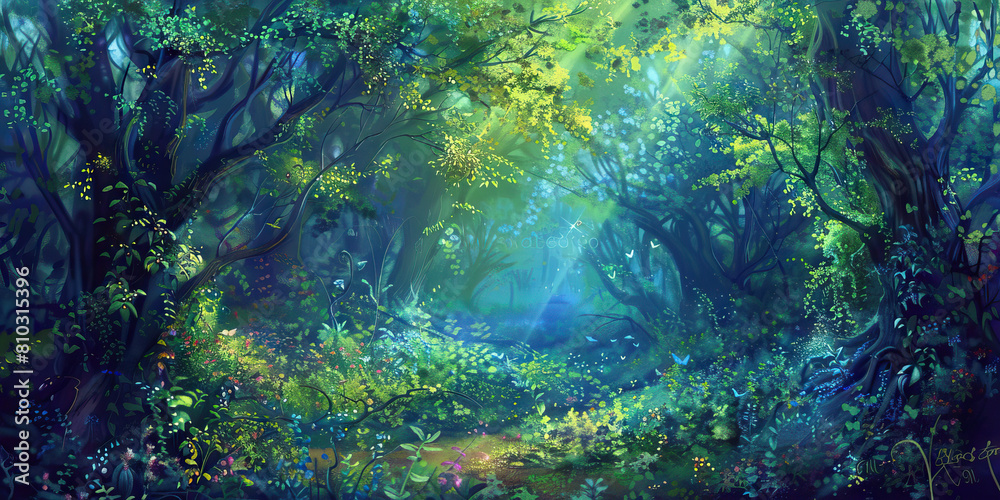 Fantasy Forest: Abstract Illustration of Enchanted Woods, Ideal for Fairy Tale or Fantasy Play Settings