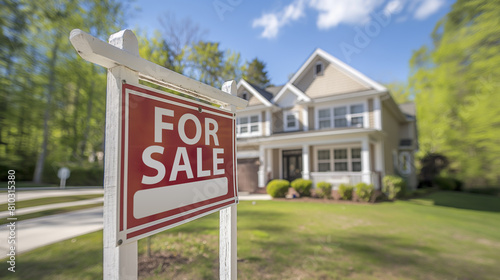 House For Sale Real Estate Sign In Front of Beautiful House. Generative AI.