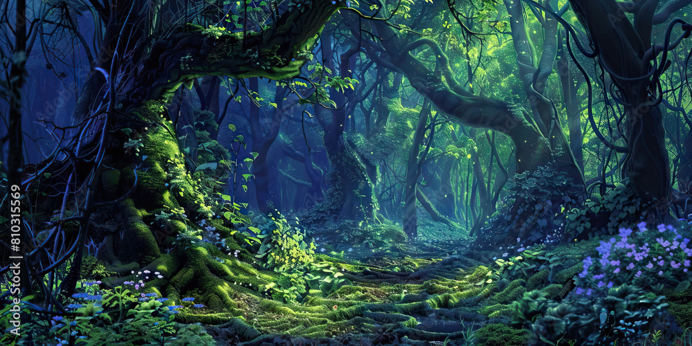 Fantasy Forest: Abstract Illustration of Enchanted Woods, Ideal for Fairy Tale or Fantasy Play Settings