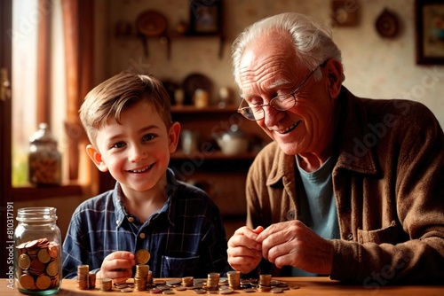 Happy grandfather and grandson learning how to save money, financial education in family