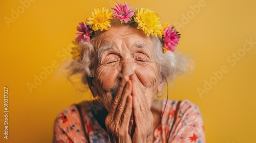 Elderly woman with flower crown blowing kisses