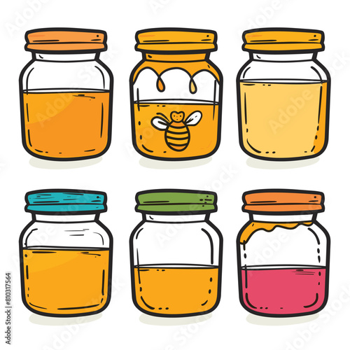 Six jars honey various lids colors cartoon style isolated white background. Middle jar decorated cute bee, bottom right jar mixed contents pink yellow layers. Handdrawn illustration honey jars
