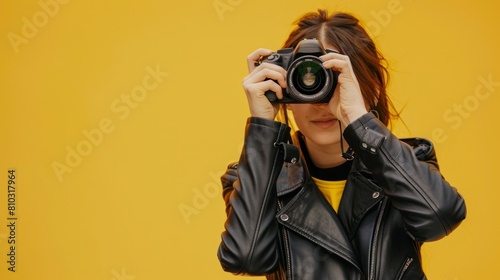 beautiful woman holding a professional camera on bright yellow background