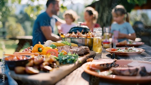 Family enjoying barbecue feast at picnic table