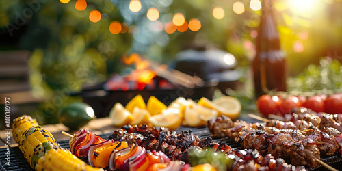 Meat, skewers and vegetables on a grill, in the background more grills and a garden party