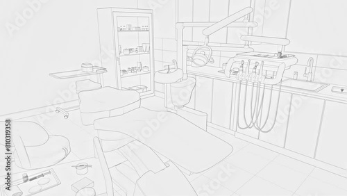 Black and white line sketch drawing of medical clinic office with empty dentist workplace - dental unit, chair and tools, dentistry surgery with modern equipment. Concept hand drawn art 3D animation.