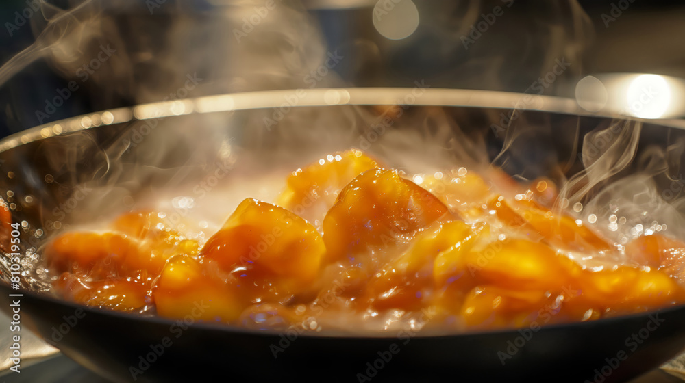 Sizzling Fruit Dessert in a Hot Skillet With Steam Sizzling Fruit Dessert in a Hot Skillet With Steam