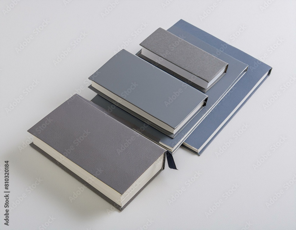 Several closed gray blank label books of varied sizes arranged on a clean white background Several closed gray blank label books of varied sizes arranged on a clean white background