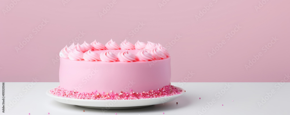 Pastel pink birthday cake on elegant stand Pastel pink birthday cake on elegant stand
