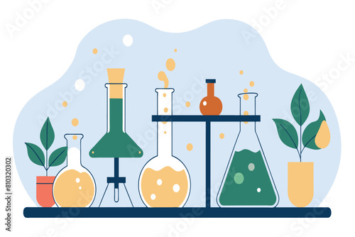 Chemistry lab setup with vibrant liquids and plant decorations