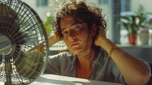 Uncomfortable Person at Desk with Handheld Fan