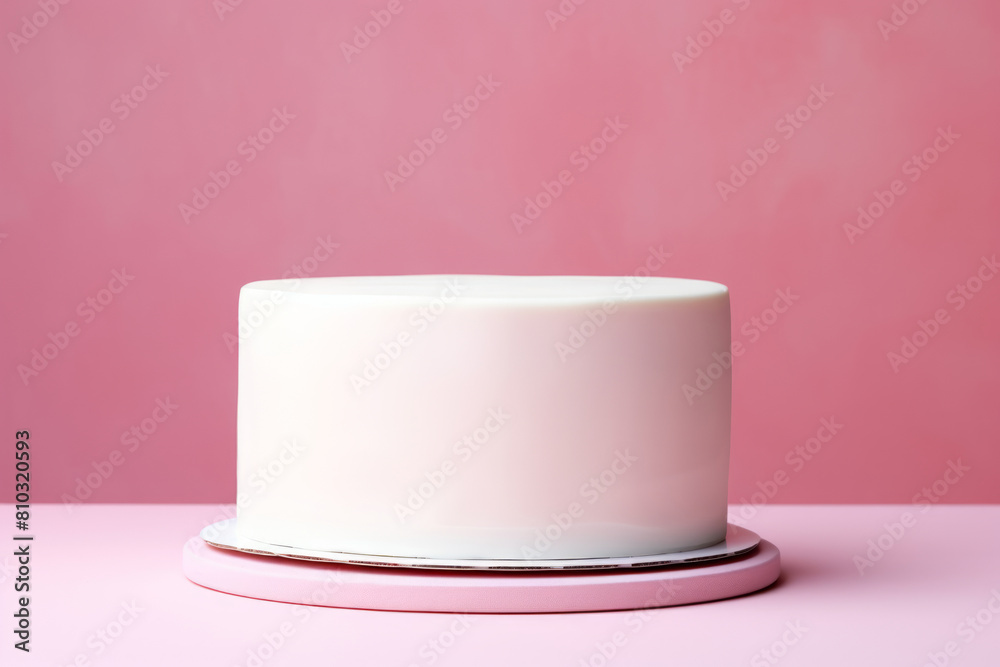 Simple vanilla white cake on a solid light pink background with empty space on the left Simple vanilla white cake on a solid light pink background with empty space on the left