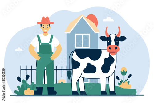 Farmer with a cow on a sunny day outside a rural home